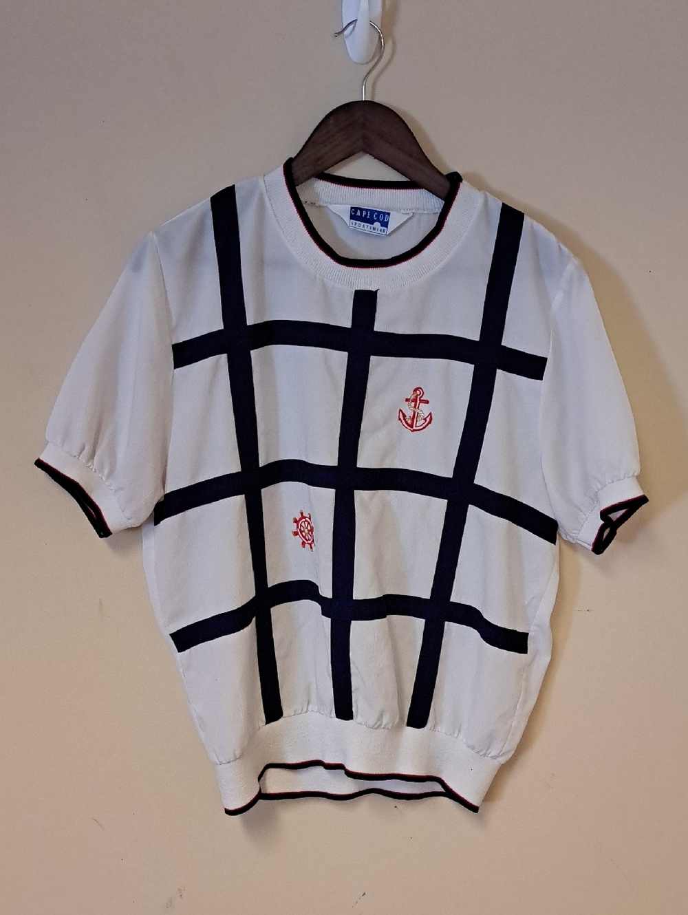 Vintage 80's Womens Preppy Nautical Grannycore Crepe Top With Knit Details